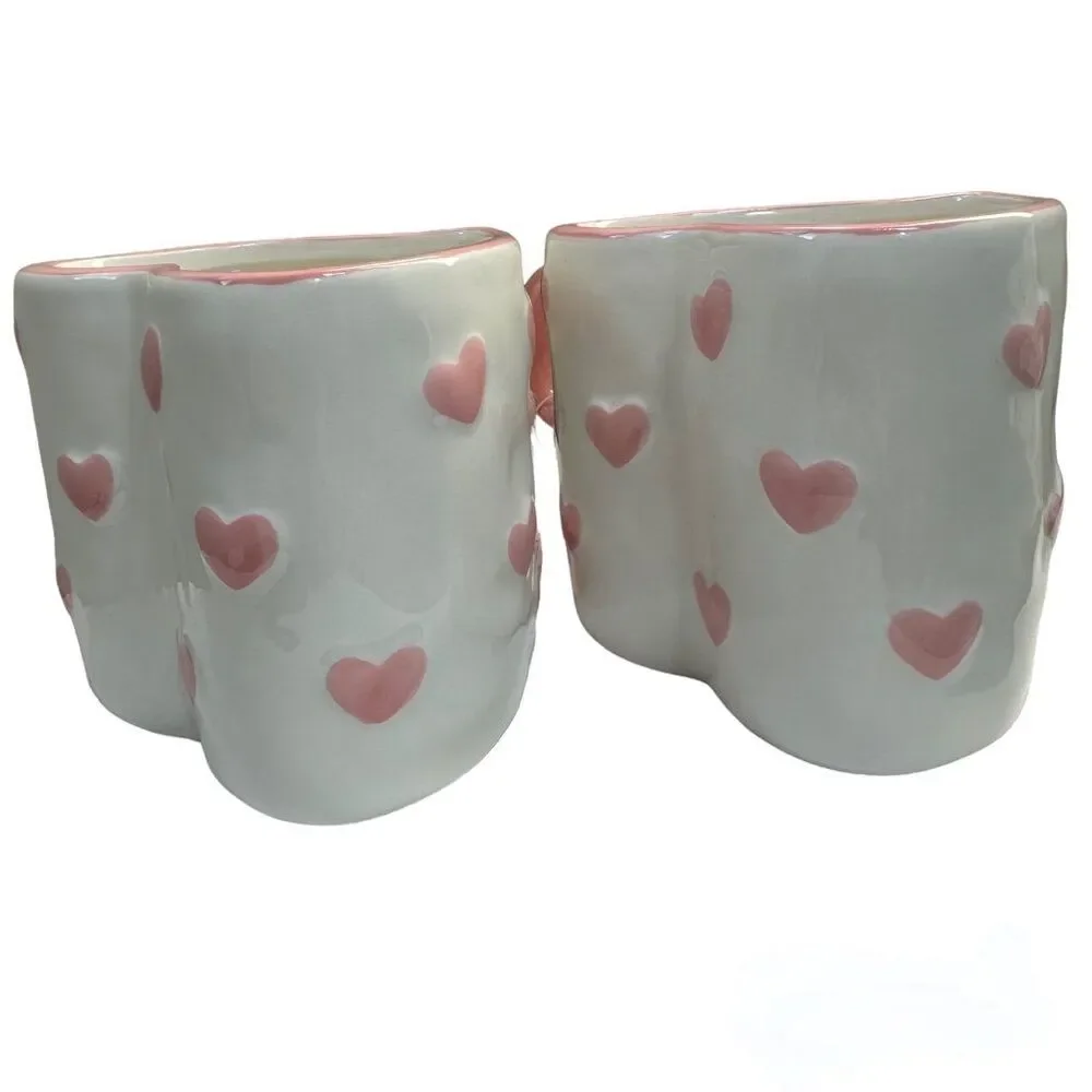 Heart Shape Pink/ White Ceramic Coffee Tea Mug, Painted by Hand 18OZ - Lot of 2